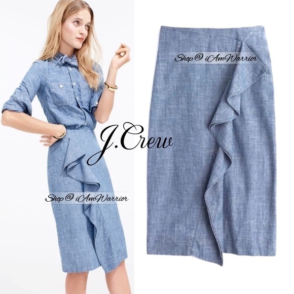 J.Crew NWT chambray pencil skirt with side ruffle *shop@iamwarrior - Picture 2 of 9
